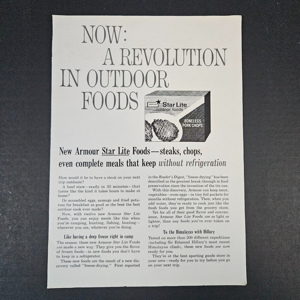 1962 Armour Star Lite Outdoor Foods Vintage‎ Print Ad Freeze Dried Steaks Chops
